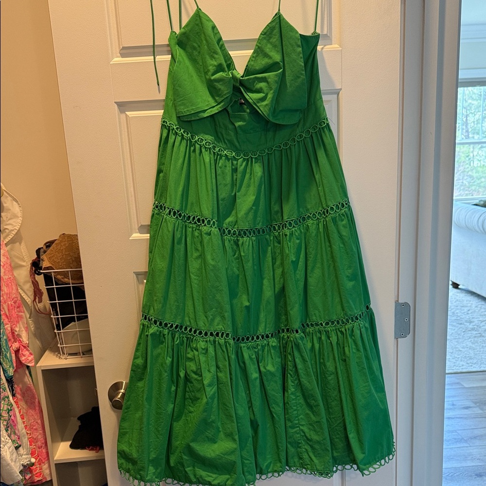Green Spaghetti Strap Bow Tiered Sundress